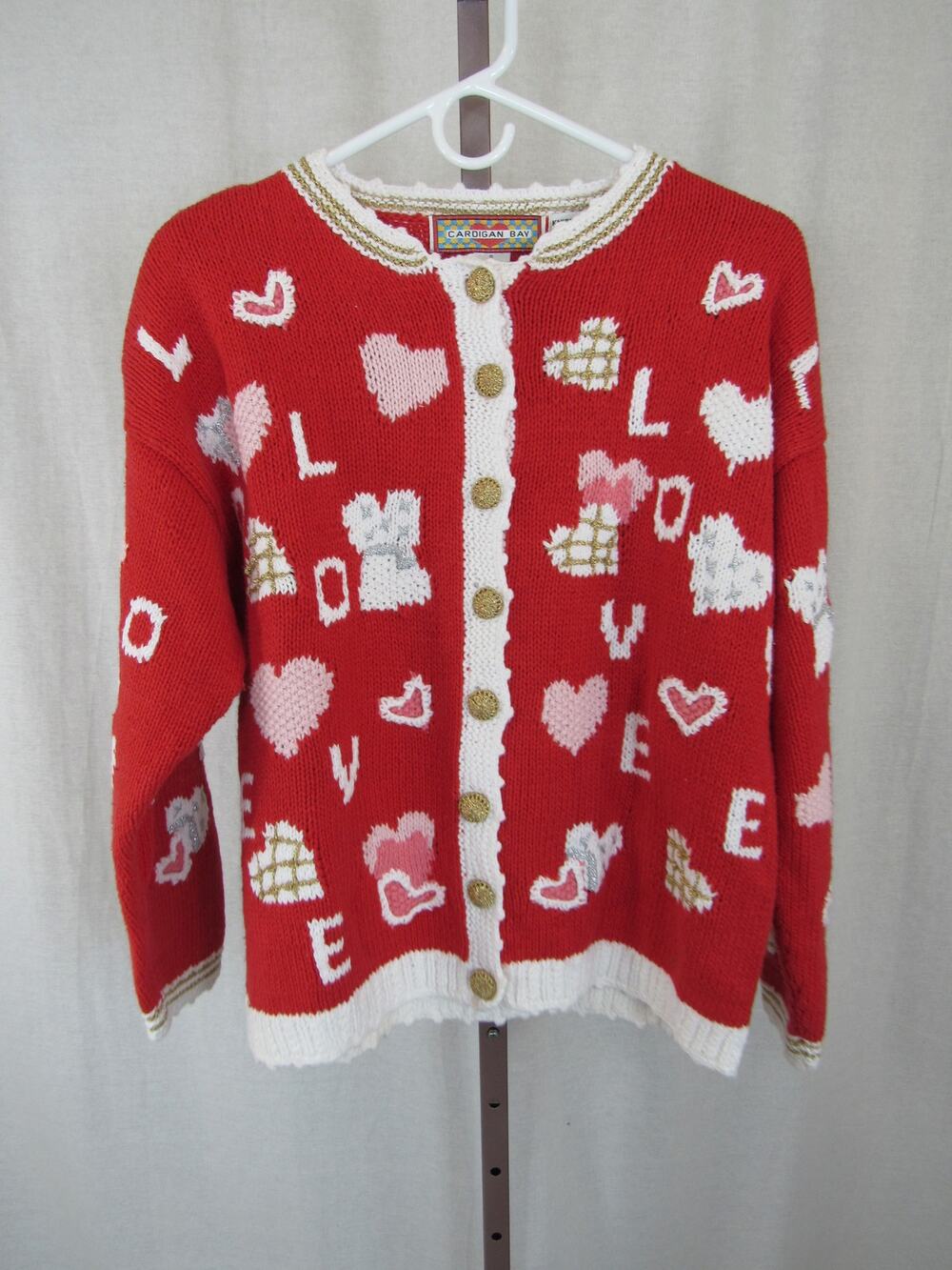 Cardigan Bay Small Knitted By Hand Cardigan Red Hearts Pink Vintage VTG